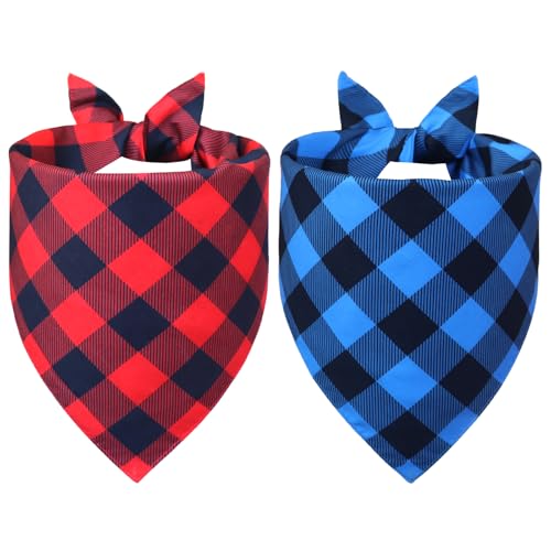 Buffalo Plaid Dog Bandanas for Large Dogs (Red-black & Blue-black / X-Large)
