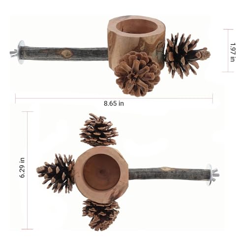 2 Pcs Bird Perch with Safe Bowl Wood & Pinecones (2 pack perches with bowl and pinecones)