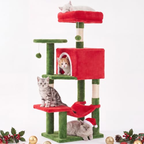 44 Inch Cat Tree Tower with Natural Sisal Scratching Posts (Red & Green / 44 Inch)