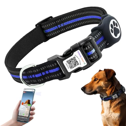 Dog Collar with Tracker Holder and QR Code ID (Blue / S (10-15"))