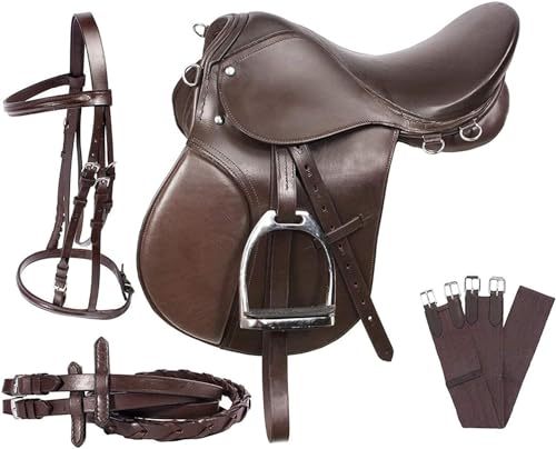 Leather English Riding Horse Saddle Starter Kit Brown Saddle 7 Pcs Combo Pack (Size 15)