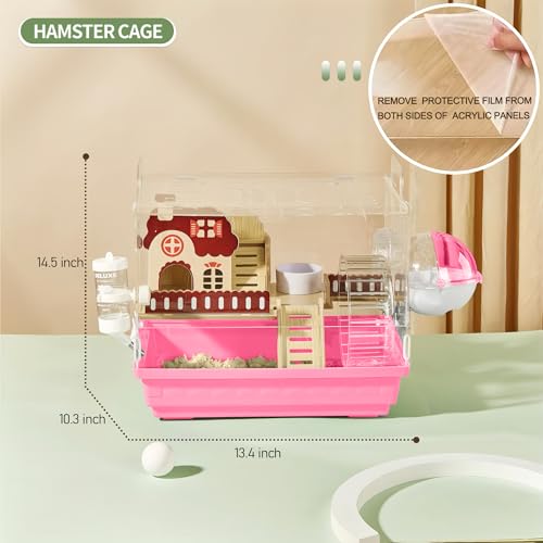 8 in 1 Clear Acrylic Hamster Cage with All Accessories (13.4"L x 10.2"W x 12.6"H / Pink)
