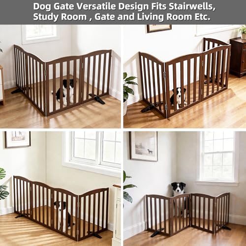 Foldable Freestanding Indoor Dog Gate for House Wood Long Pet Gates Dog Fence for Stairs Puppy Gates for Hallways (Brown / 【4 Panels】80''w X 24''h)