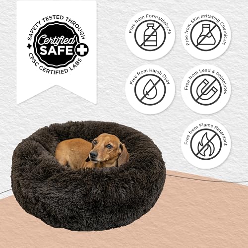 The Original Calming Donut Dog Bed for Small Dogs up to 25 lbs (Dark Chocolate Shag / Small)