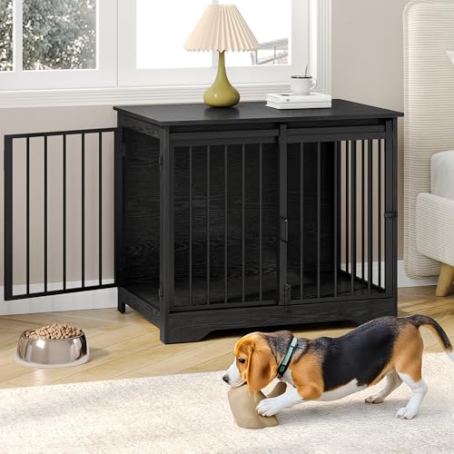 31.9" M Dog Crate Furniture Indoor Dog Kennel with Barn Door (Black / 31.9"L x 21.7"W x 26.6"H)