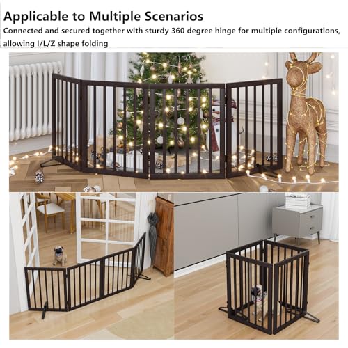 Wooden Dog Gate Freestanding Foldable 4 Panel Pet Gates Extra Wide Dog Gates for Indoor Doorways Stairs 24in Height Support Feet Included (Espresso / 4 Panel - 74 inches Wide)