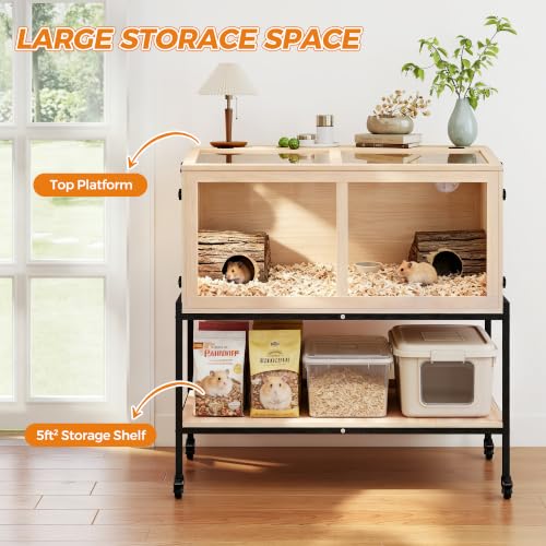 Wooden Hamster Cage with Storage Shelf＆Lockable Wheels 39"X18"X40" (39"L x 18"W x 40"H)