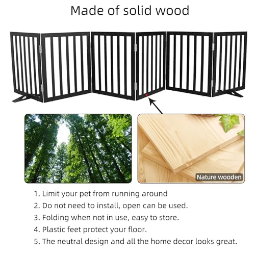 Freestanding Indoor Dog Gate for House Foldable Wood Puppy Gate for Doorways Pet Gate for Stairs Extra Wide Pet Fence (Black / 【6 Panels】120''w x 24''h)