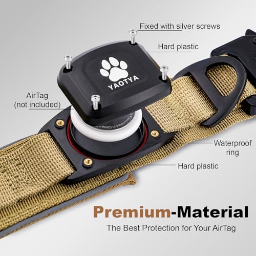 Tactical Dog Collar with IPX8 Waterproof AirTag Holder (Khaki / M(15"-18.5"))