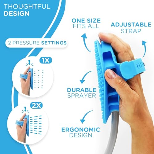 5-in-1 Horse & Dog Bath Brush & Curry Comb - XL Blue Silicone - Includes 3-ft Shower Hose Attachment & Adapter - Adjustable Spray Scrub Massager - Great for Horses & Big Dogs (X-Large)