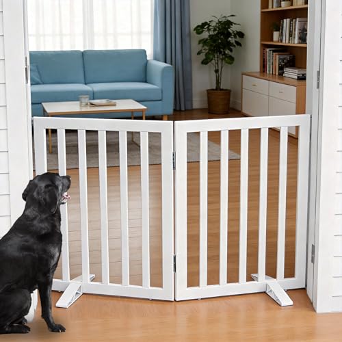 Freestanding Indoor Dog Gate for House Foldable Wood White Puppy Gate for Doorways Pet Gate for Stairs Extra Wide Pet Fence 24" Height 2 Panels (White / 【2 Panels】40''w x 24''h)