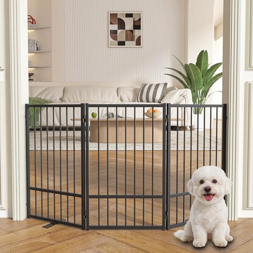 Full Metal Freestanding Dog Gate with Door (【3 Panels】60"W*32H" / Black)