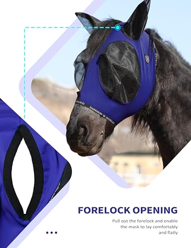 Horse Fly Mask with Forelock Opening Stretch Breathable and Comfortable for Horses UV (Navy / L)
