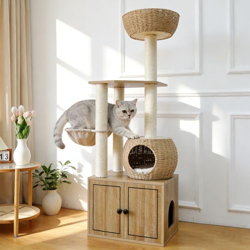56.7" Tall Rattan Cat Tree for Indoor Cats (21.7"L x 15.6"W x 56.7"H)