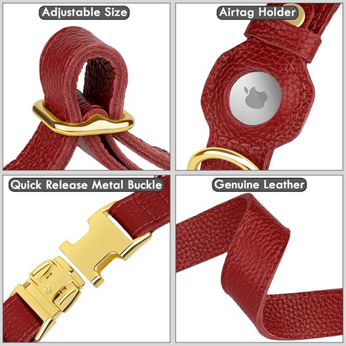 Leather Airtag Dog Collar (Red / M, 14"-18" Neck Fit)