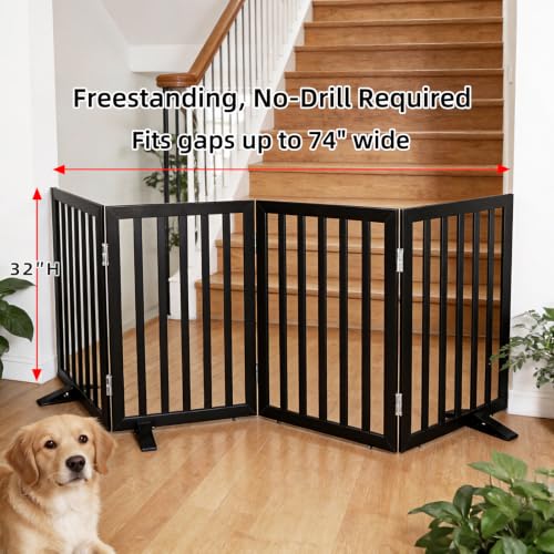 Freestanding Indoor Dog Gate for House Foldable Wood Puppy Gate for Doorways Pet Gate for Stairs Extra Wide Pet Fence (Black / 【4 Panels】80''w x 32''h)