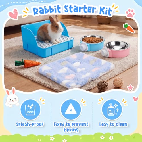 15 Pcs Rabbit Starter Kit Small Rabbit Litter Box Girls Gift Animal Grooming Kit Bunny Toys Bowl Blankets with Cleaning Set for Guinea Pig Accessories (Bright Blue)