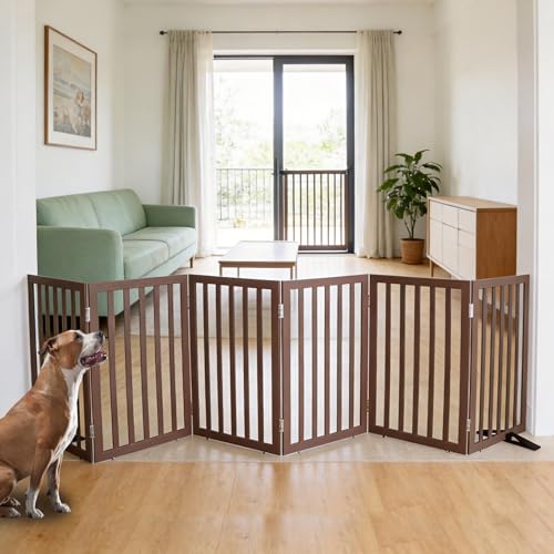 Freestanding Indoor Dog Gate for House Foldable Wood Puppy Gate for Doorways Pet Gate for Stairs Extra Wide Pet Fence (Brown / 【6 Panels】120''w x 32''h)