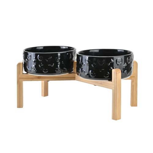 Elevated Dog Bowls Ceramic (7.3 in - 5.3 cups / Black- Skull)