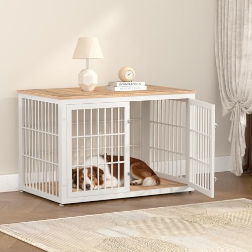 46" Heavy Duty Dog Crate Furniture for Large Dogs (White + Natural / 46.0"L x 29.1"W x 31.1"H)