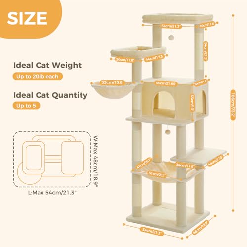 73" Cat Tower for Large Cats with Condo and Scratching Posts (Beige / 73")