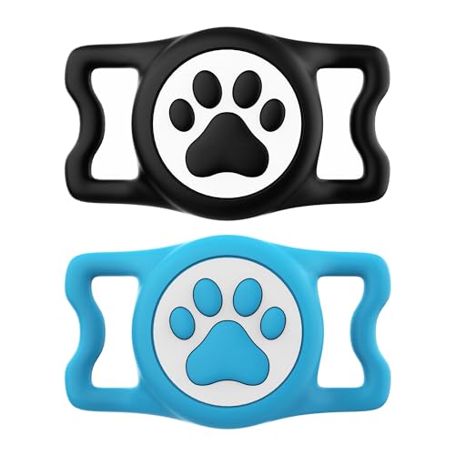 IP68 Waterproof Compatible with AirTag Dog Collar Holder (2 Pack Black&Blue)
