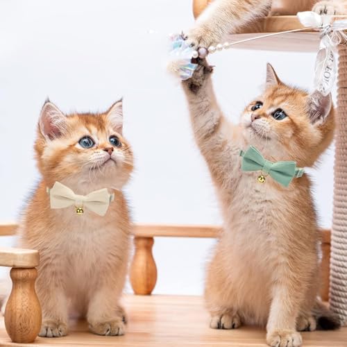 2 Pack Soft Corduroy Cat Collars with Bow Tie & Bell Adjustable Breakaway Kitten Bowtie Collar for Female Male Cats (S:Neck 7.0" - 11.0" / Corduroy-White Grass Green)