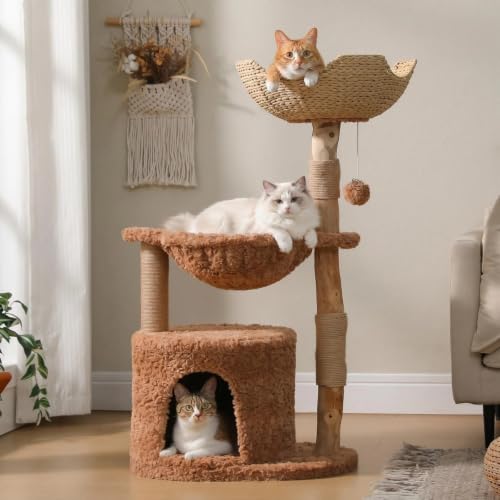 Modern Cat Tree with Real Wood&Wicker Basket for Large Cats Brown (Brown)