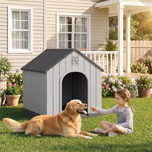 Large Dog House for Outdoor Indoor Use Stable Plastic Waterproof Doghouse with Air Vents and Elevated Floor Easy to Clean and Assemble for Medium to Large Dogs (Black / 36''L×38''W×38''H)