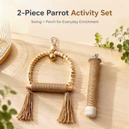 Natural Wood Bird Swing Toy with Hemp Rope Perch for Small Parrots (colorful)