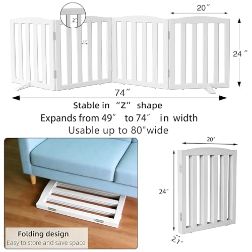 Foldable Freestanding Indoor Dog Gate for House Wood White Long Pet Gates Dog Fence for Stairs Puppy Gates for Hallways (White / 【4 Panels】80''w X 24''h)