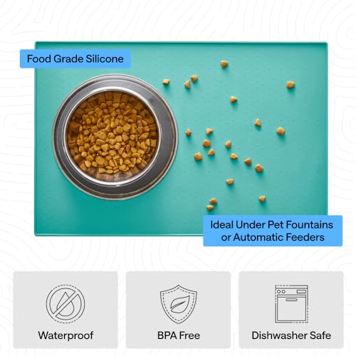 Dog Food Mat 100% Waterproof Silicone (Turquoise / 23"l X 15"w)