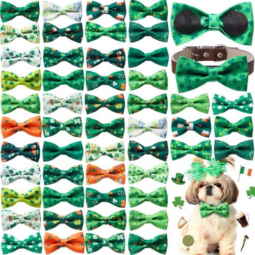 50 Pcs St Patricks Dog Collar Bow Ties Shamrocks Collar Dogs Accessories Attachment with Elastic Bands Detachable Charms for Pets Irish Holiday Costume Photo Props Accessories Pet Shops (St Patricks Day)
