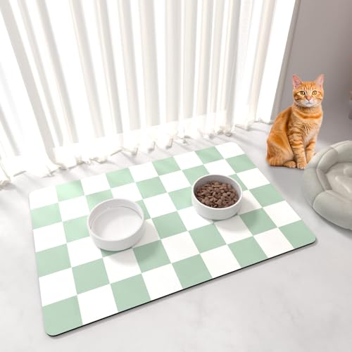 Checkered Dog Cat Feeding Mat (17"L x 28"W / Green & White)