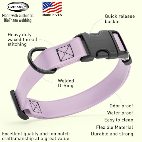 Biothane Waterproof Dog Collar with Quick Release Buckle Strong Coated Nylon Webbing with Odor (1"W by 15-25"L / Pastel Purple)