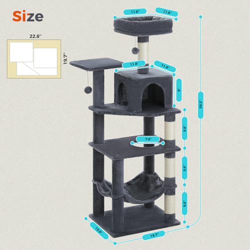 56.3in Multi Level Cat Tree for Indoor Cats (Smoky Grey / Air(19.7"L x 15.8"W x 56.3"H))