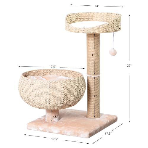 3 Level Handwoven Paper Rope Cat Basket Bed and Perch with Scratching Post (Light Brown)