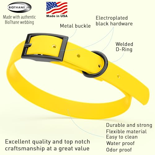 Biothane Waterproof Dog Collar Strong Coated Nylon Webbing with Black Hardware Odor (W5/8" x L12-15" / Lemon Yellow)