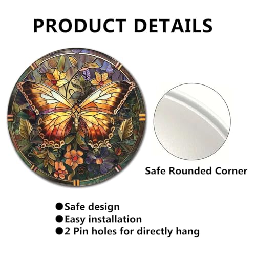 Metal Sign Tin Sign Circular Stained Glass Butterfly Funny Bathroom Decor for Garage 8×8 Inches (8×8 Inches / Butterfly-4)
