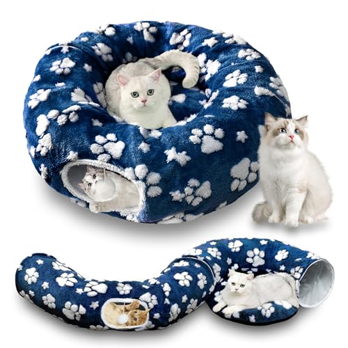 Cute Round Cat Tunnel for Indoor Cats (Blue Paw / Round)