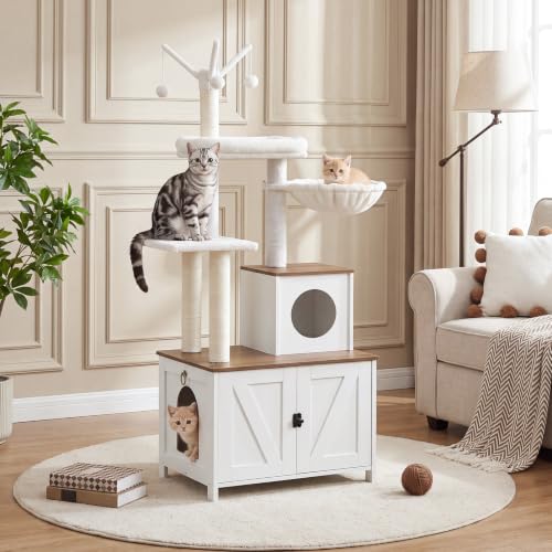 Cat Tree with Litter Box Enclosure for Indoor (White + Walnut)