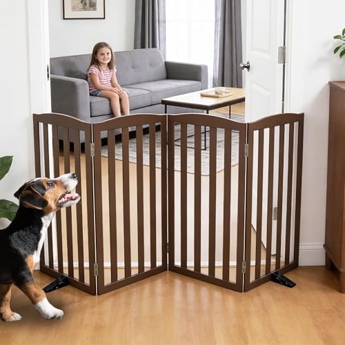 Foldable Freestanding Indoor Dog Gate for House Wood Long Pet Gates Dog Fence for Stairs Puppy Gates for Hallways (Brown / 【4 Panels】80''w X 32''h)