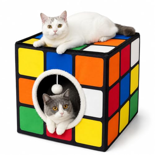 Cat Condo House with Reversible Cushions and Fluffy Ball Hanging (Large)