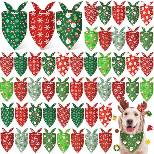 50 Pcs Christmas Bandanas for Dogs Xmas Bandanas Bulk with Santa Snowflake Candy Cane Soft Bibs Adjustable Triangle Doggie Scarf for Small Medium Large Pet (Christmas / 31.5 x 21.7 x21.7 Inch)