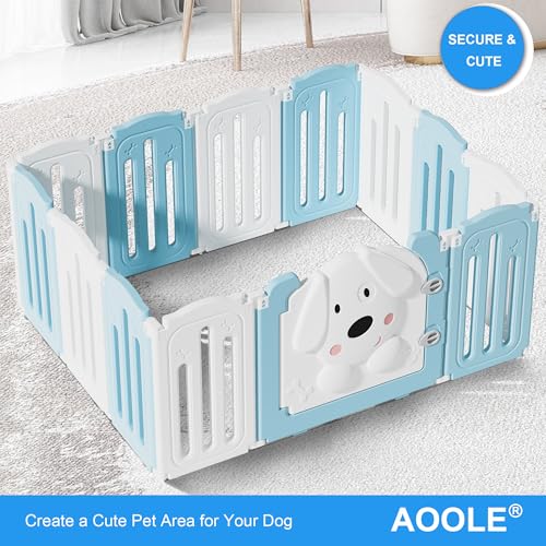 Foldable Puppy Play Pen Indoors with Cute Dog Pattern Door (blue&white / 12 Fence Panels+1 Door)