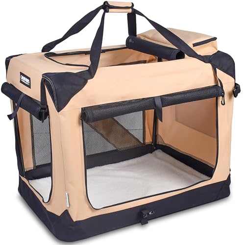 3 Door Portable Collapsible Soft Dog Crate Carrier with Bed (3-Beige)