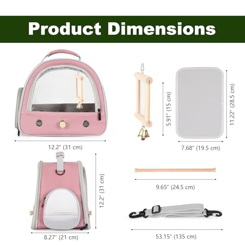 Portable Parrot Travel Cage Carrier with Small Swing Toy&Cage Colorful Toys Set Small Bird Parakeet Bag with Standing Perch Bird Carry Transport Bag (Pink / Carrier/mirror)