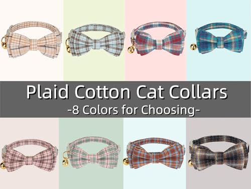 2 Pack Soft Cotton Cat Collars with Bowtie and Bell Breakaway Plaid Cat Kitten Collar (S:Neck 7.0" - 11.0" / Plaid - Ocean Blue+Mocha Tweed)