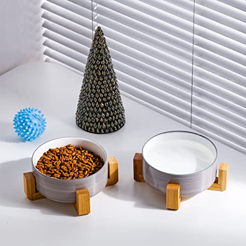 Ceramic Cat Dog Bowl Set with Stand (Grey White / Medium Size Dog Bowls 850ML*2)