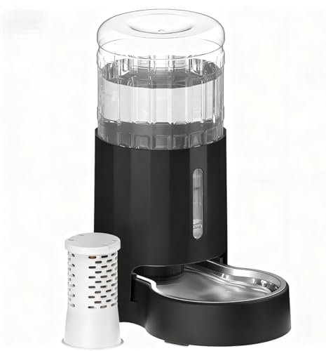 Automatic 4L Filter Dog and Cat Water Dispenser with Stainless Steel Bowl Gravity Waterer (Black+Filter / 4L)